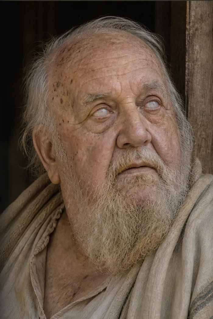 Retrato de Eli como um sacerdote idoso e pesado, com os olhos turvos voltados para cima