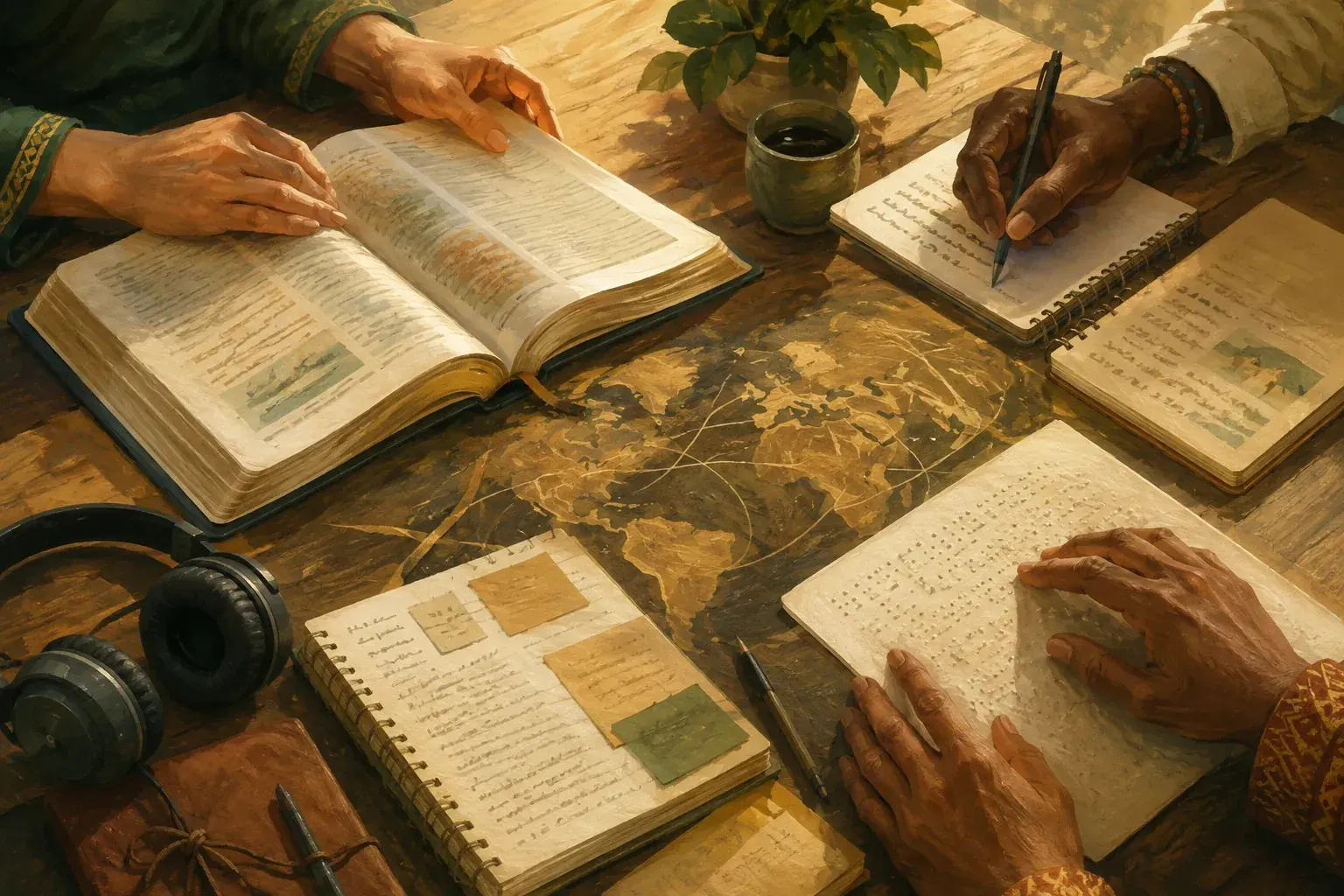 Cena editorial pintada de pessoas trabalhando com as Escrituras, anotações de tradução, braille, áudio e um mapa-múndi