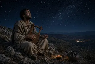 A young shepherd with a lyre sings under the stars on a hillside above the town.