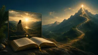 A screen beside an open Bible shows the same mountain road that winds away behind it.